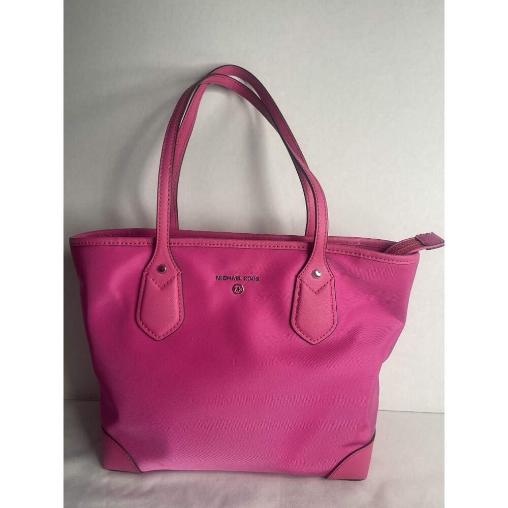 Michael Kors Pink‎ Nylon Saffiano Leather Small Tote Bag 30H1SV0T1C Zip Top - Picture 1 of 8